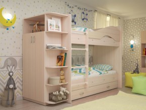 Кровать 2-х ярусная Мая с ящиками и шкафом на латофлексах млечный дуб в Лянторе - lyantor.magazinmebel.ru | фото