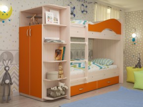 Кровать 2-х ярусная Мая с ящиками и шкафом на латофлексах оранж в Лянторе - lyantor.magazinmebel.ru | фото