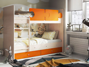Кровать двухъярусная Тетрис латы с бортиками дуб млечный-оранжевый в Лянторе - lyantor.magazinmebel.ru | фото